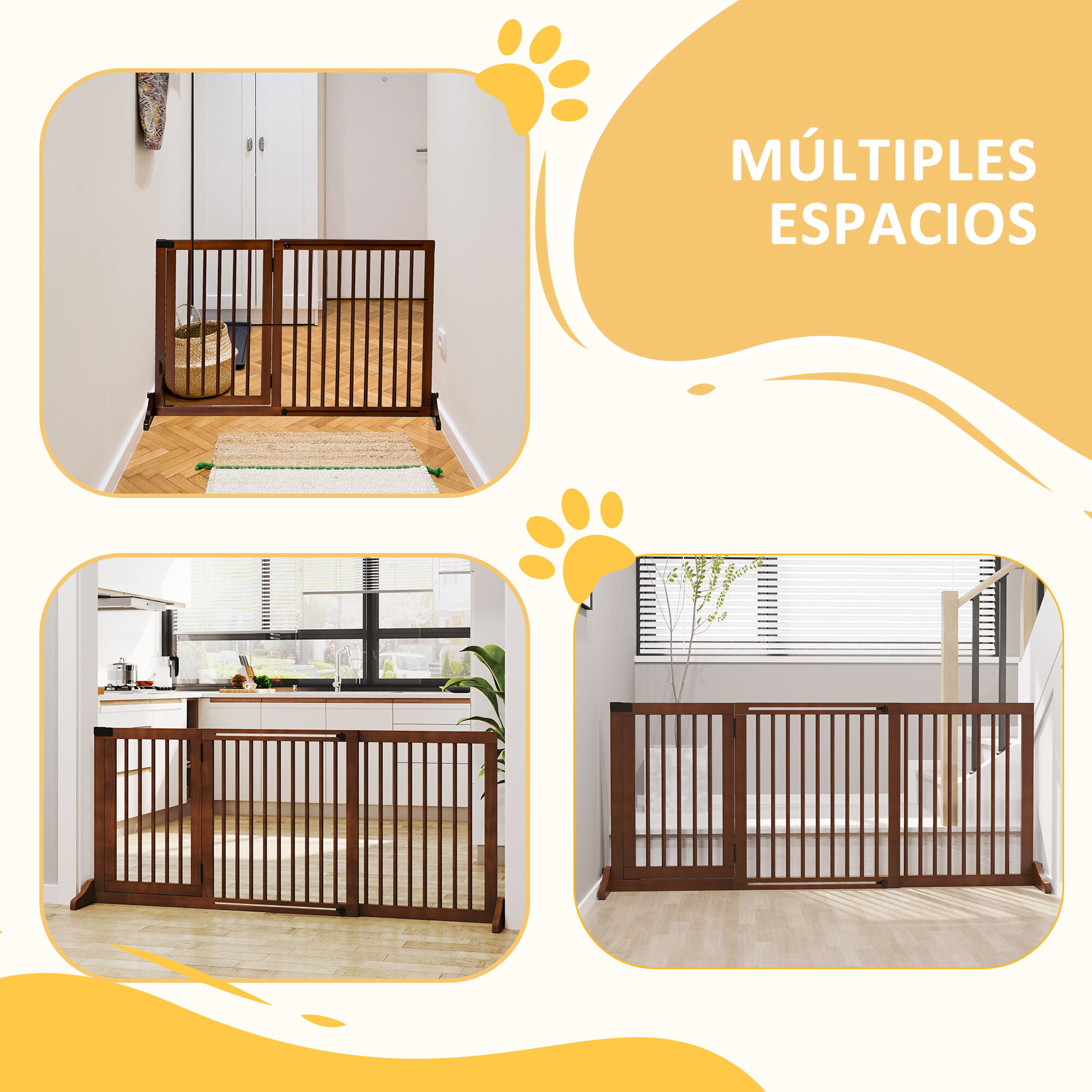 Barrera para Perros Extensible Barrera de Seguridad para Perros de 3 Paneles con Longitud Ajustable Marco de Madera y Soporte de Pie 113-166x36x71 cm Marrón