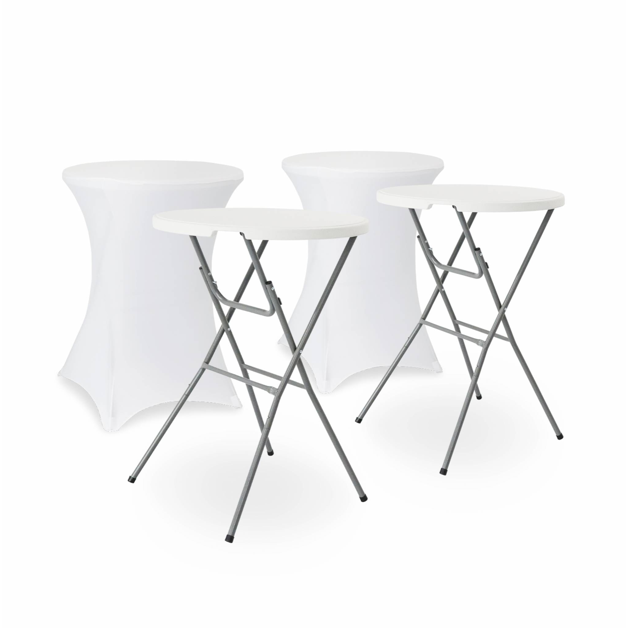 Lot de 2 tables hautes de réception – GALA – Mange debout. pliables. Ø80cm x 110cm +  2 housses en polyester. blanches