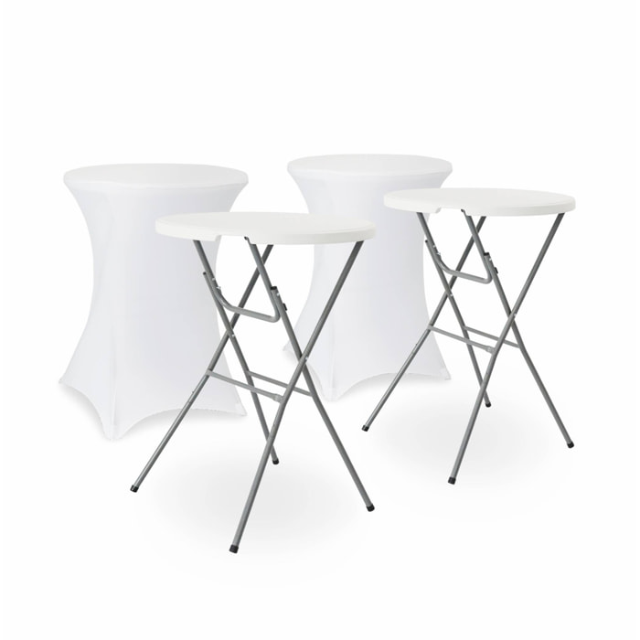 Lot de 2 tables hautes de réception – GALA – Mange debout. pliables. Ø80cm x 110cm +  2 housses en polyester. blanches
