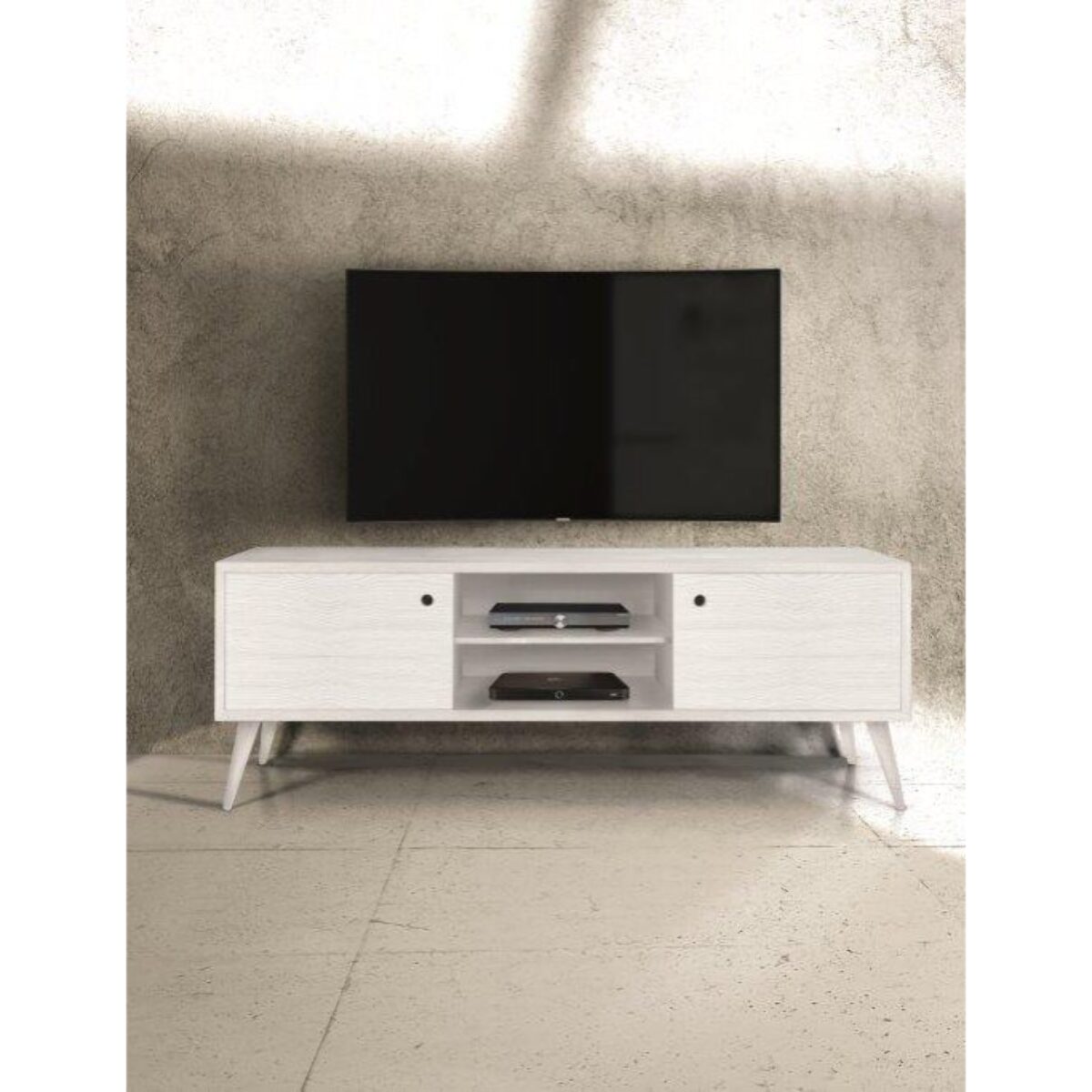 Porta TV SOFFIANO in abete bianco spazzolato. Misure: 160x45 cm H 55 cm.