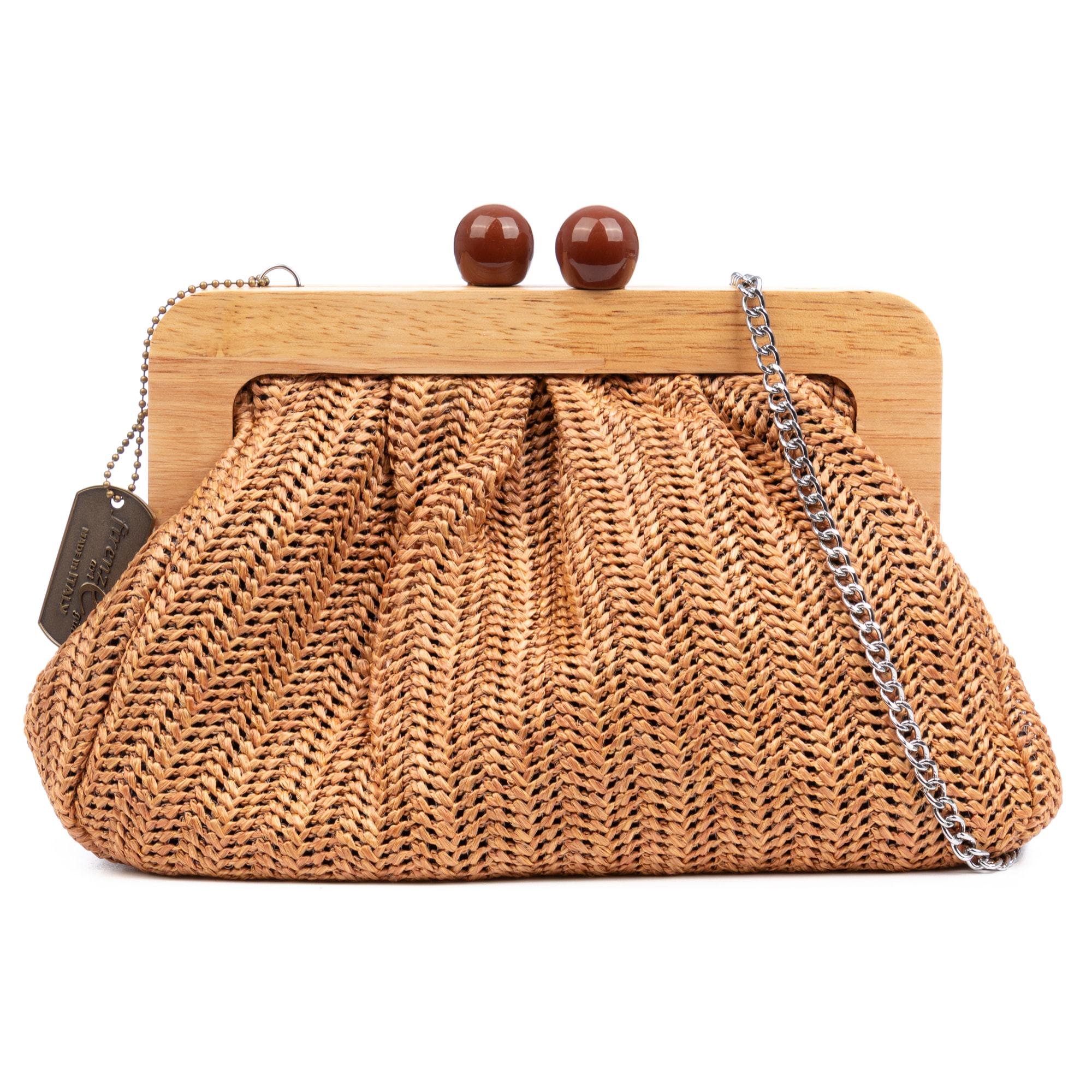 Benestare Bolso bandolera Mujer. Tela con detalles de madera natural y piel sintética.