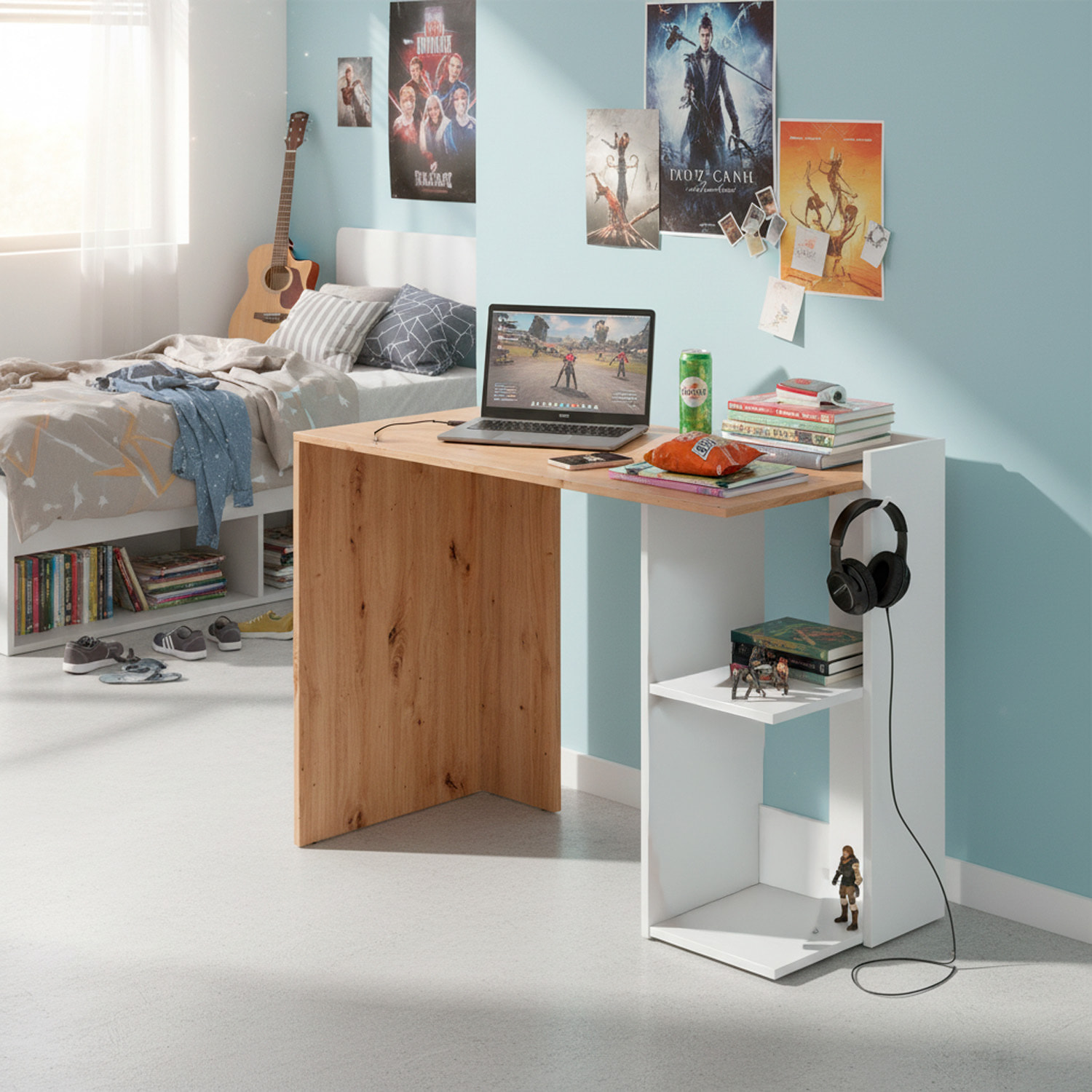 Scrivania Moderna Reversibile Con Vani Laterali A Giorno Mobile Desk Per PC Studio Home Office Struttura Resistente 100 x 52 x 78 Cm Bianco E Rovere