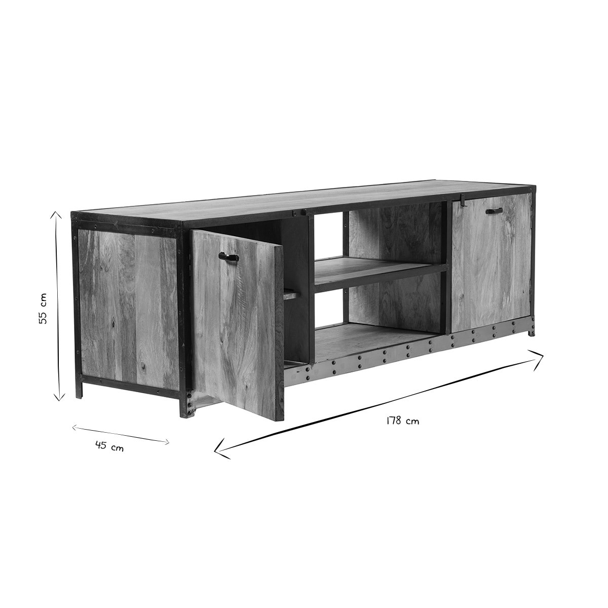 Meuble TV industriel en bois manguier massif L178 cm INDUSTRIA