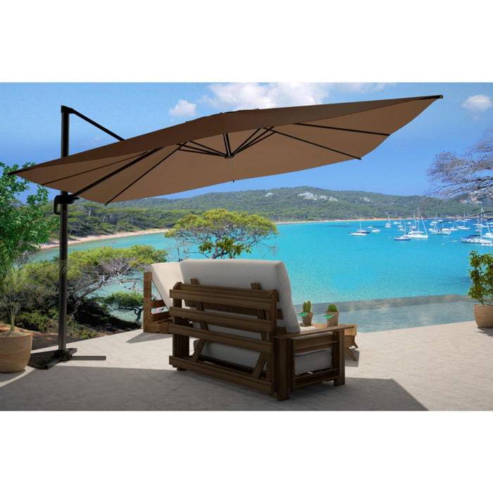 NAVIA Bundle parasol rectangulaire 3x4m déporté rotatif marron aluminium + housse