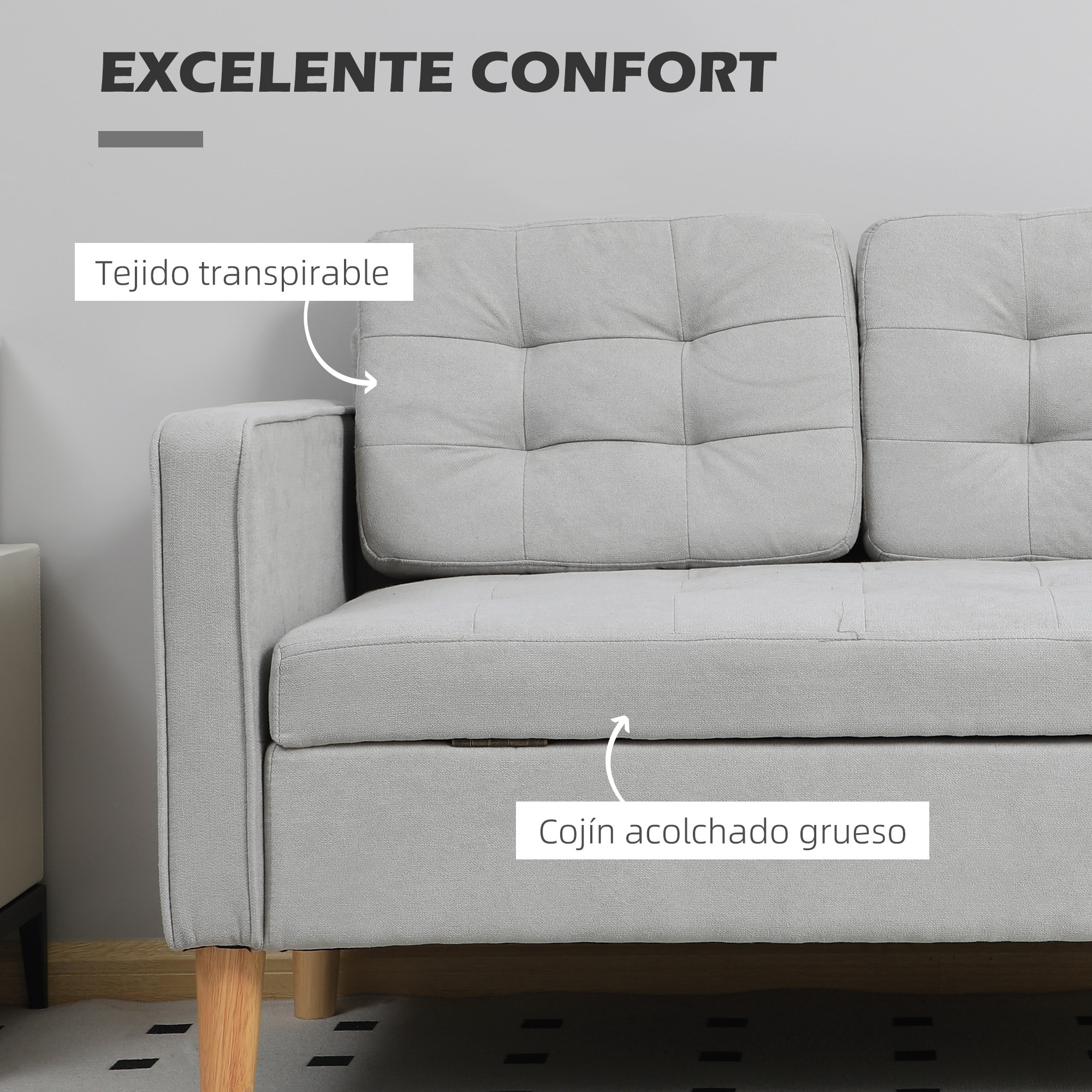 Sofá de 2 Plazas con Espacio de Almacenamiento, Sofá Moderno de Terciopelo con Patas de Madera, Respaldo Capitoné, para Salón, Dormitorio, Oficina, 117x62x78 cm, Gris Claro