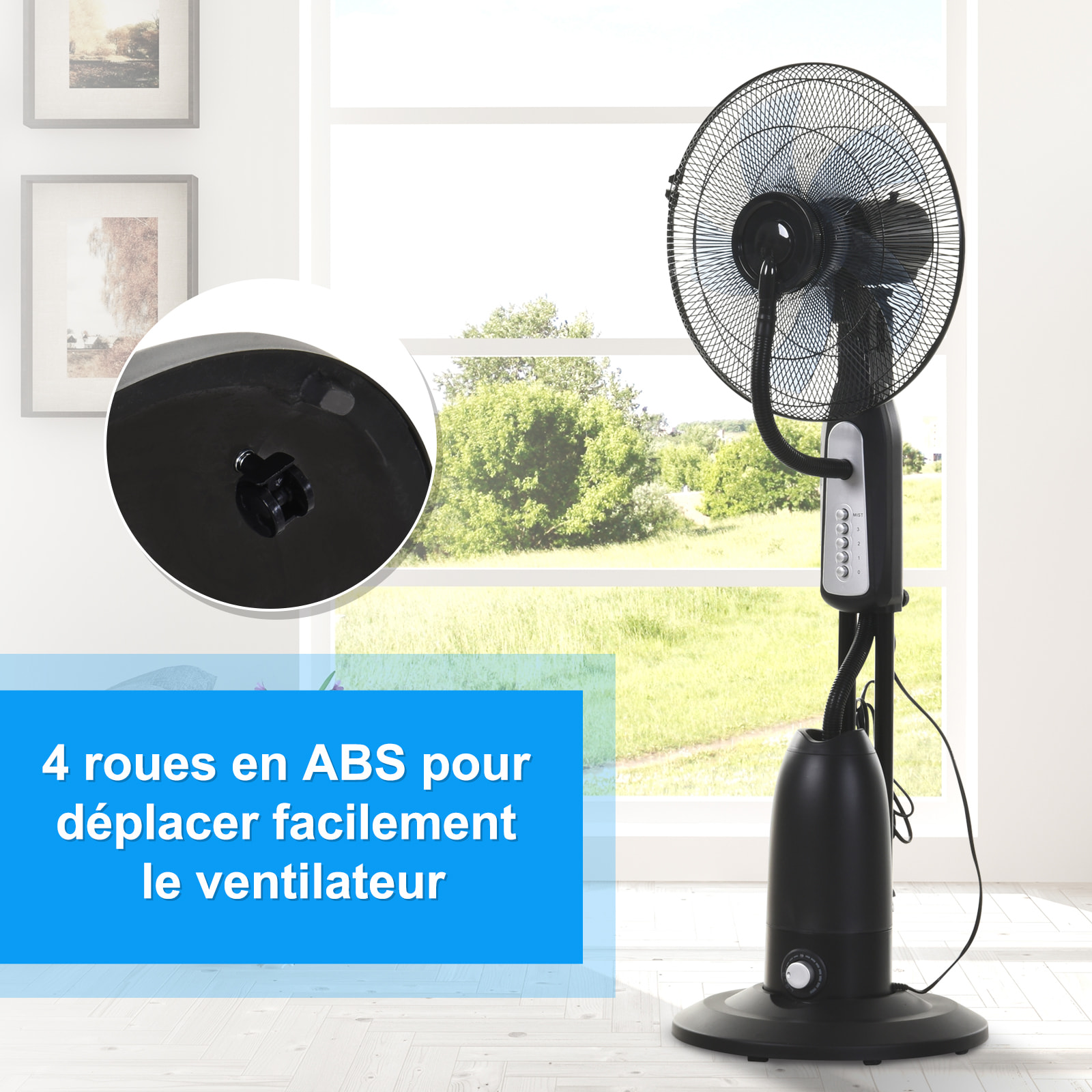 Ventilateur brumisateur sur roulettes - oscillant silencieux 90 W - 4 vitesses - dim. Ø 44 x 120H cm noir gris