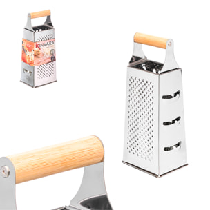 Grattugia in acciaio con 4 lati e manico in bambù.