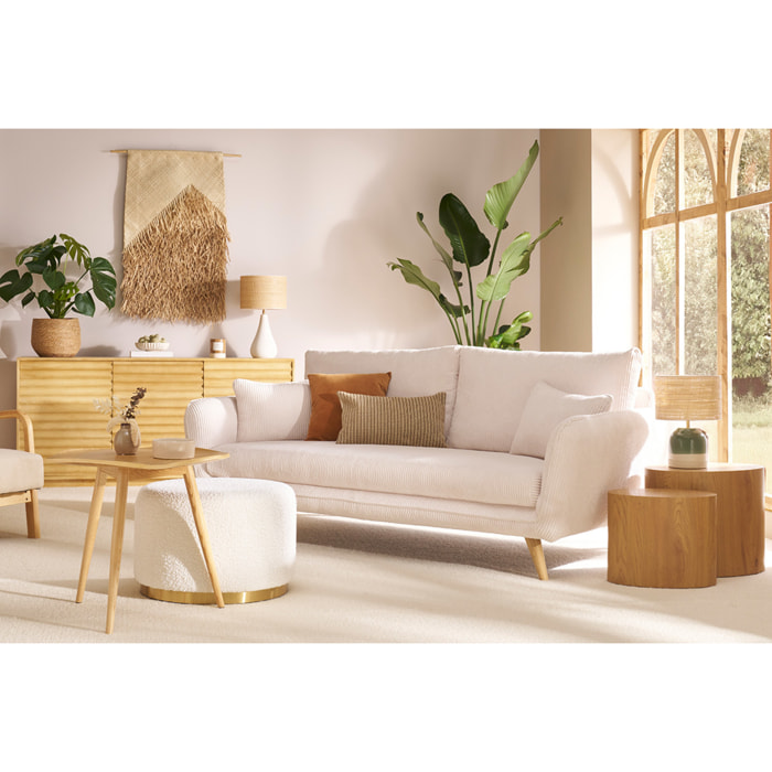 Canapé scandinave 3 places en tissu velours côtelé écru et bois clair CREEP