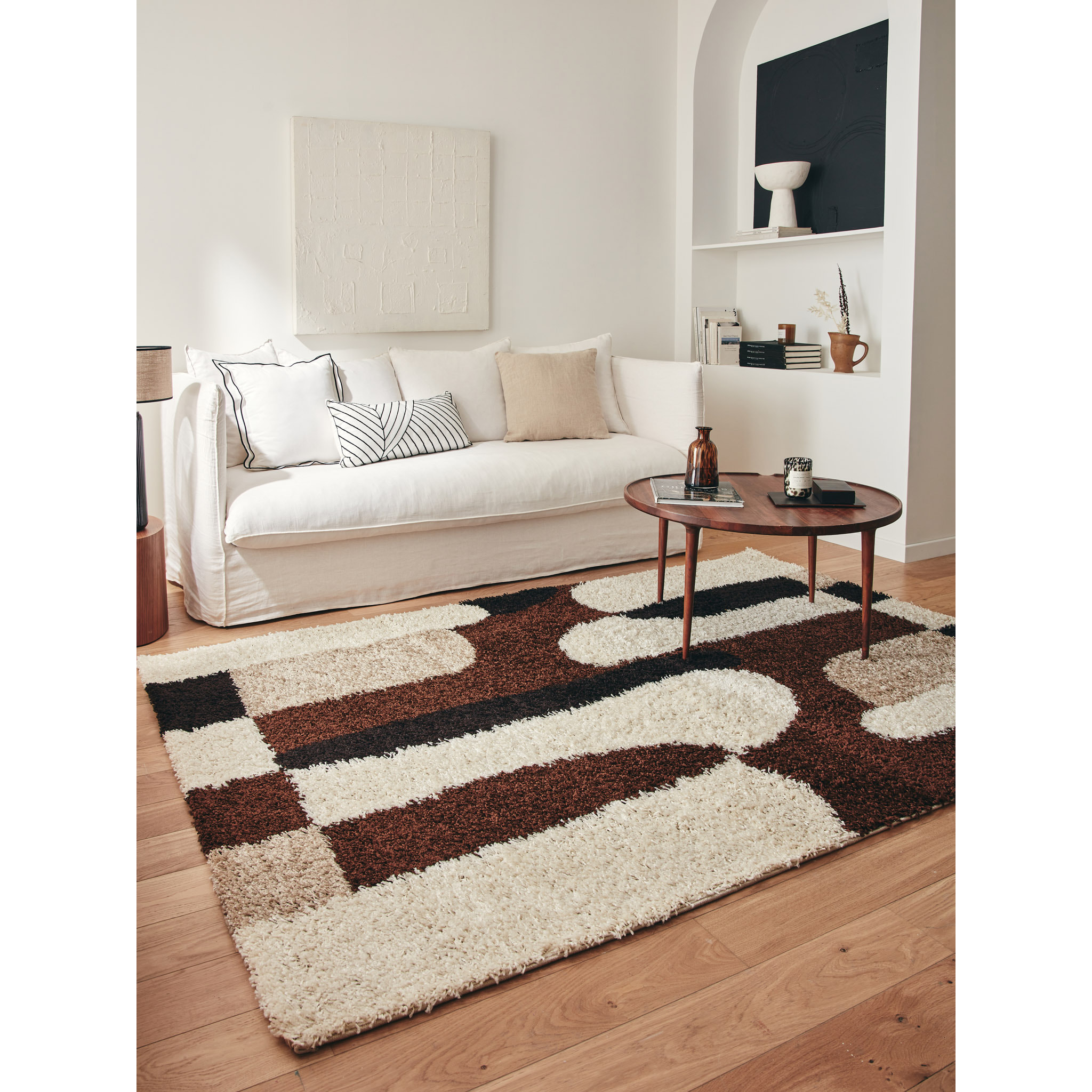 PALERME - Tapis shaggy à poils long à motif graphique - Marron, Beige, Café et Crème