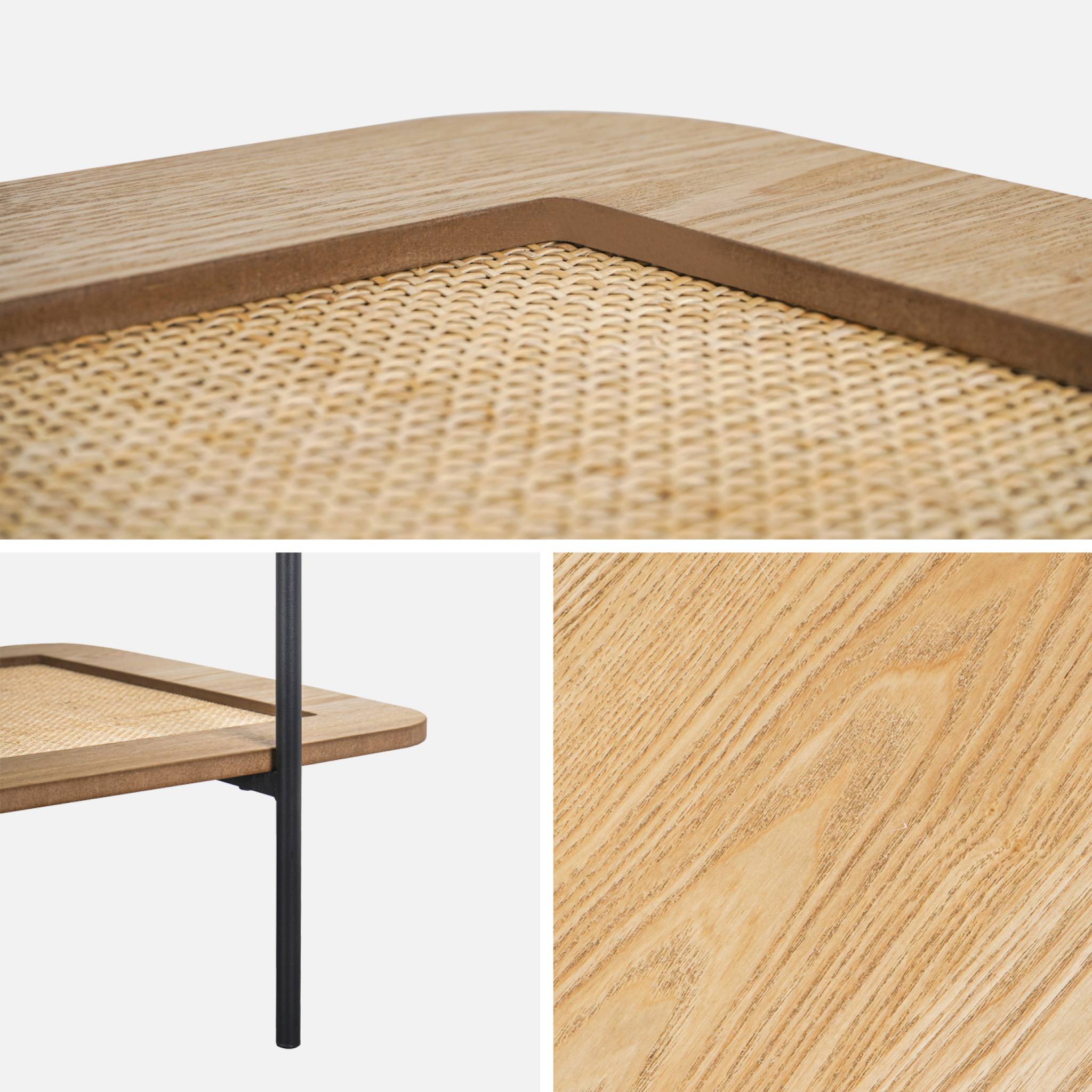 Table basse vintage 110 cm coloris naturel. double plateaux effet bois et cannage. piètement et structure en métal noir