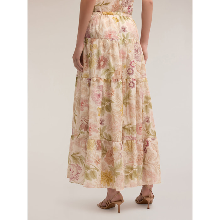 Motivi - Falda larga con volantes estampado floral - Rosa cipria