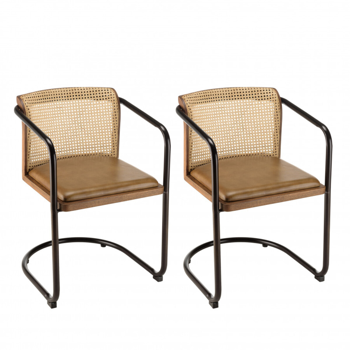 MARCEL - Lot de 2 fauteuils manguier assise cuir dossier arrondi rotin