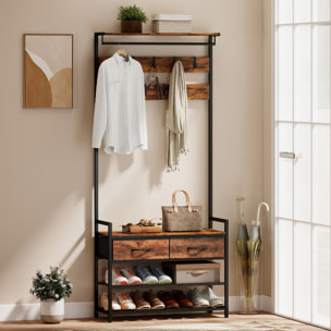 Vestiaire d'entrée style industriel bois métal 2 étagères 2 tiroirs 10 patères barre penderie banc