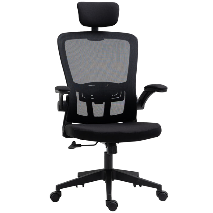 Vinsetto Silla de Oficina de Malla Ergonómica Silla Escritorio Giratoria con Altura Ajustable Reposabrazos Plegable Reposacabezas y Soporte Lumbar Regulables 65x64x114-122 cm Negro