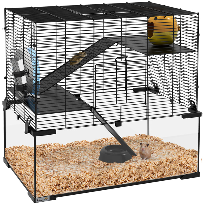 Jaula para Hámster Casa para Animales Pequeños con Fondo de Vidrio Plataformas Cuenco Bebedero Casita Rampas y Rueda de Ejercicio 60x40x54,5 cm Negro