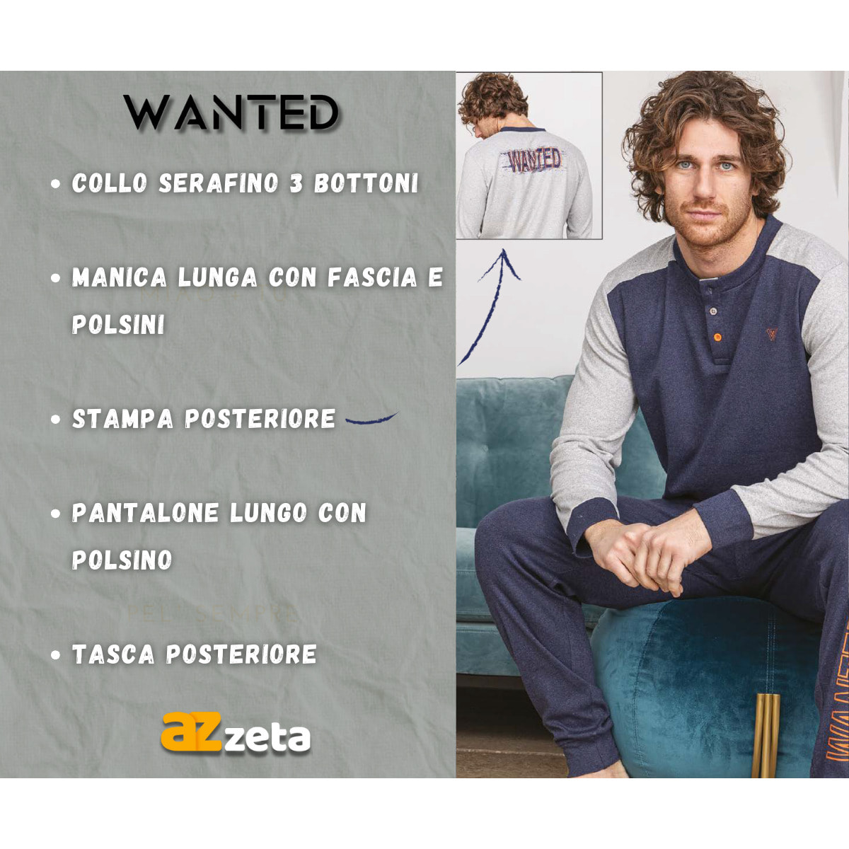 Pigiama Uomo invernale in Caldo Cotone Wanted, Art. WP134 Nero