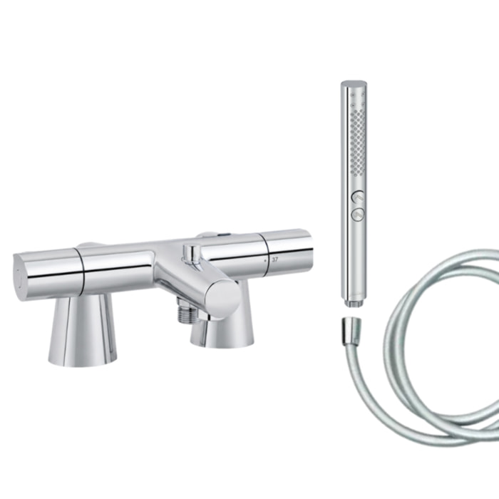 Mitigeur baignoire Simone + pommeau de douche Shift+ rond + flexible de douche lisse + colonnettes