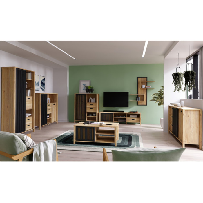 Table basse L106 cm 3 niches 1 porte décor bois chêne et noir - BOSTON