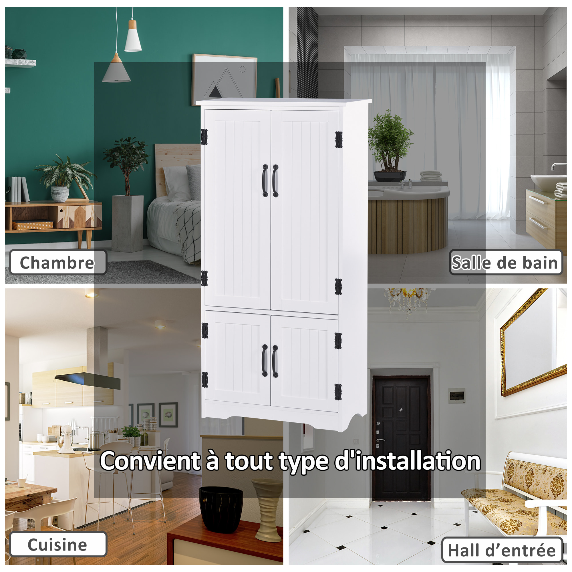 Armoire de cuisine contemporaine multi-rangements 2 placards 3 étagères MDF panneaux particules blanc