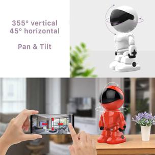 Telecamera IP wifi per sorveglianza con movimento orizzontale e verticale, design robotico. Visione notturna. Comunicazione a 2 vie.