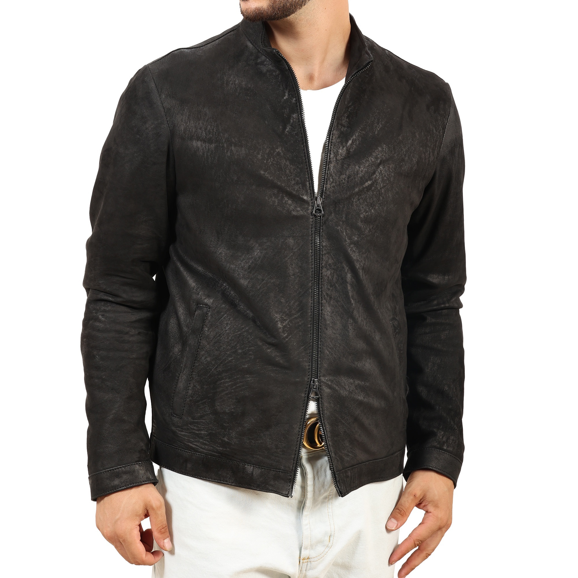 Giubbino in pelle di vitello rifinizione dakota Nero-Slim Fit