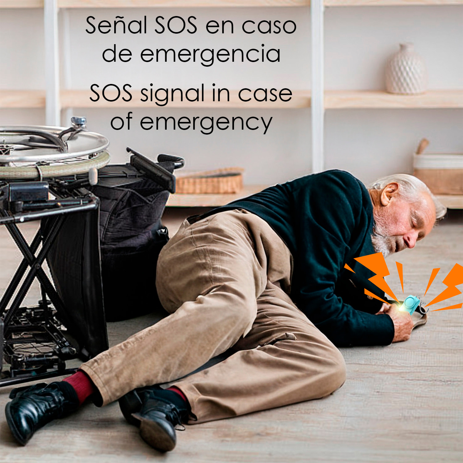 Allarme SOS personale con luce LED brillante e suono di 130dB. Batteria AAA inclusa e attivazione rapida tirando l'anello.