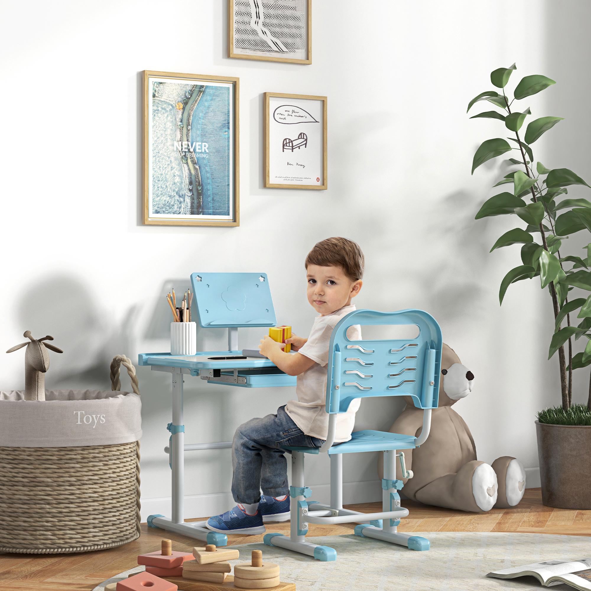 Juego de Escritorio y Silla para Niños de 6-12 Años Pupitre Infantil Altura Ajustable con 1 Cajón 1 Estante para Libros y Ángulo de Mesa Ajustable 80x49,5x82-104 cm Azul y Blanco