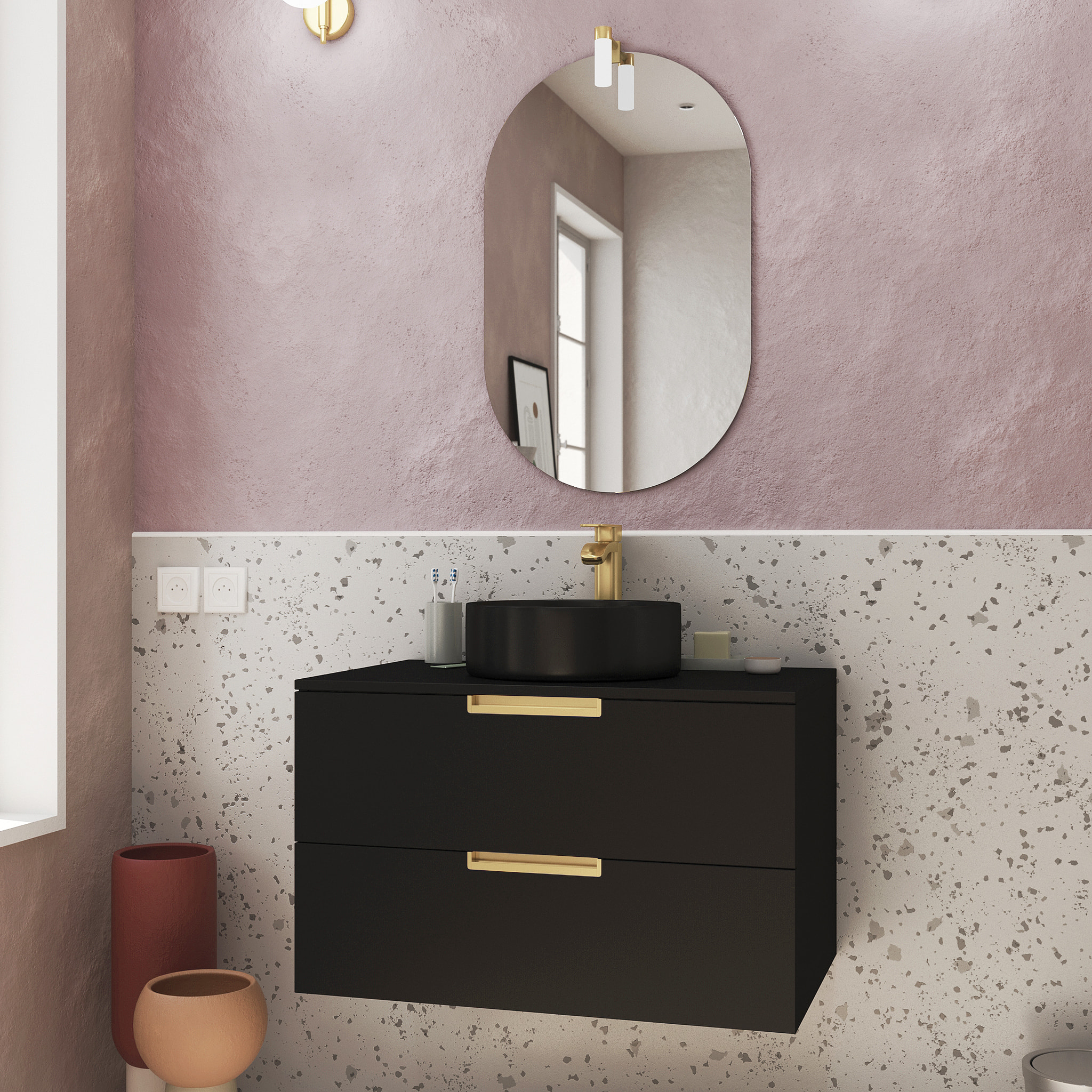 Meuble Salle de Bains 80cm Noir Mat et Or Doré 2 Tiroirs - Vasque Noire - Miroir & Applique Led