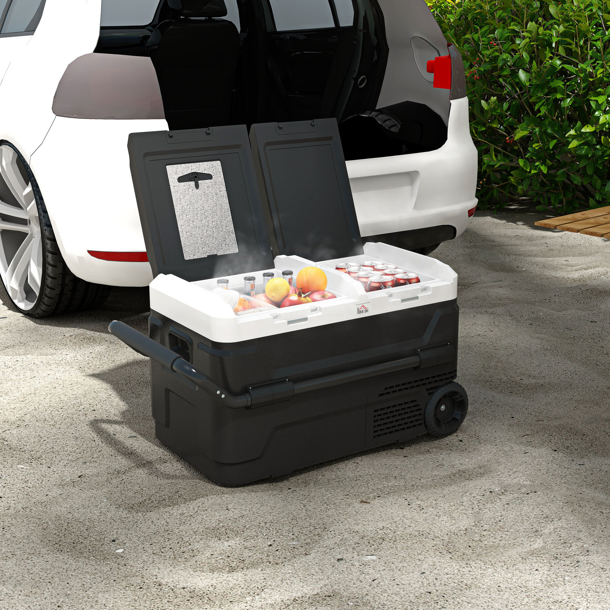 Nevera Compresor Port¨¢til 40L con Doble Zona Refrigerador de Coche -20¡æ-20¡æ 12 / 24V DC y 100-240V AC Nevera El¨¦ctrica con Luz LED y Asa Telesc¨®pica para Caravanas Viajes 80x47,5x46,6 cm Negro