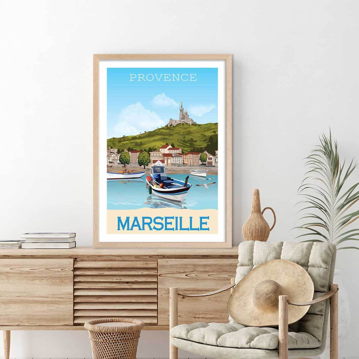 Affiche vintage le vieux port de marseille Affiche + cadre en bois - Chêne