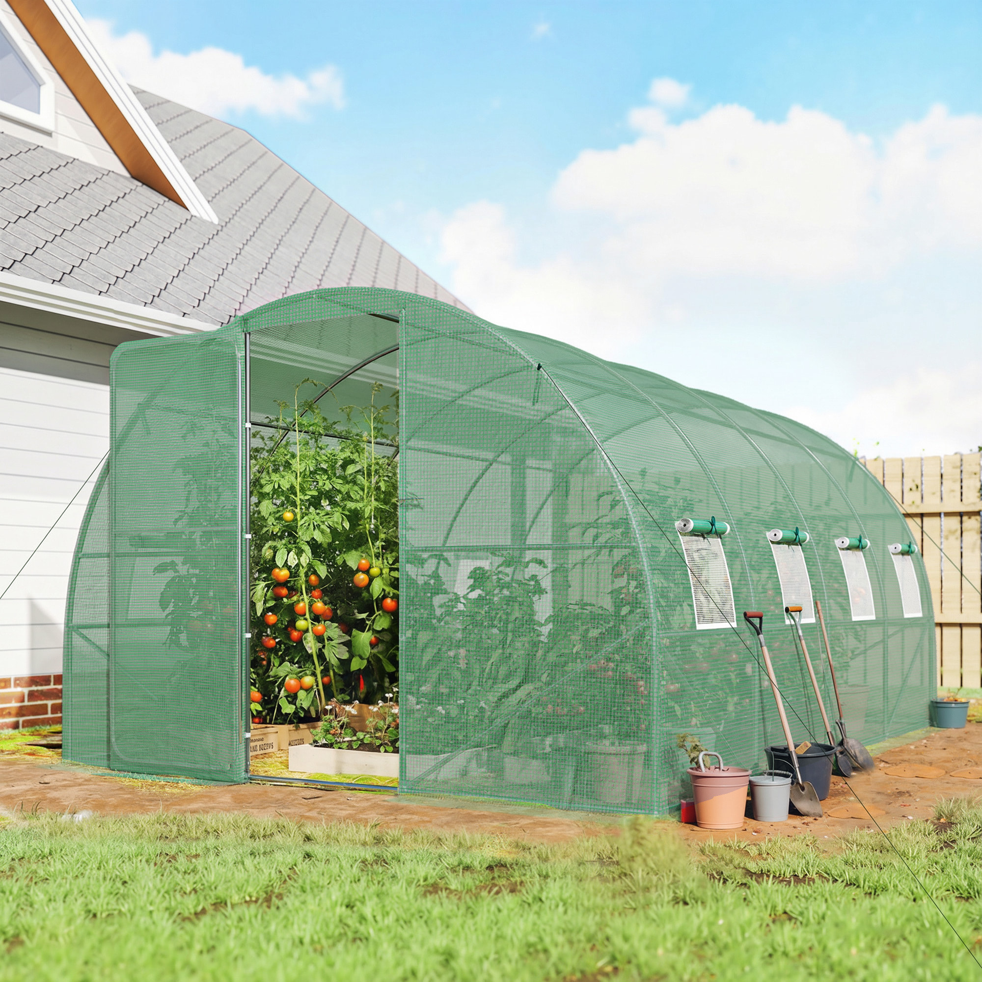 Serre tunnel de jardin - 12m², 295x400x200cm - porte et 8 fenêtres - bâche PE haute densité 140 g/m² - pour extérieur - vert