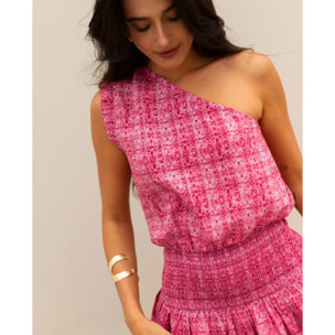 Vestido corto asimétrico con nido de abeja y volantes