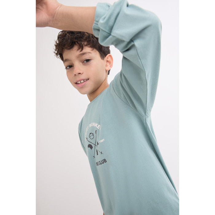 Camiseta niño azul verdoso de manga larga, estampado frontal Street Monkey Ski Club | Color: Azulado | Street Monkey