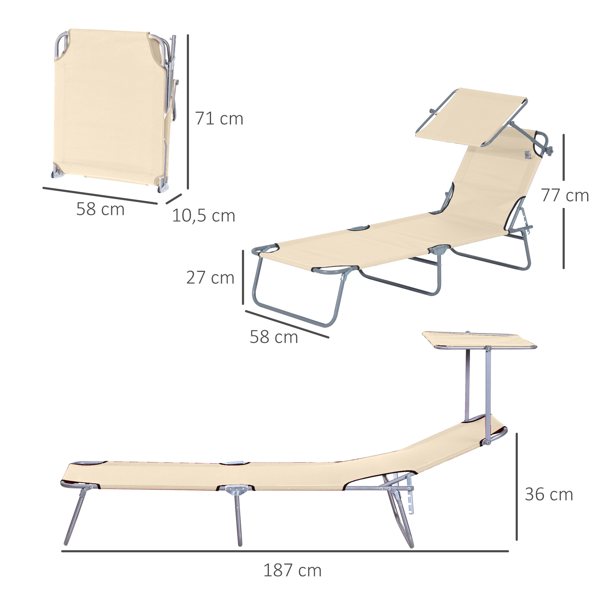 Tumbona de Jardín Plegable con Toldo Desmontable y Regulable Respaldo Reclinable para Terraza Acampada al Aire Libre 187x58x36 cm Beige