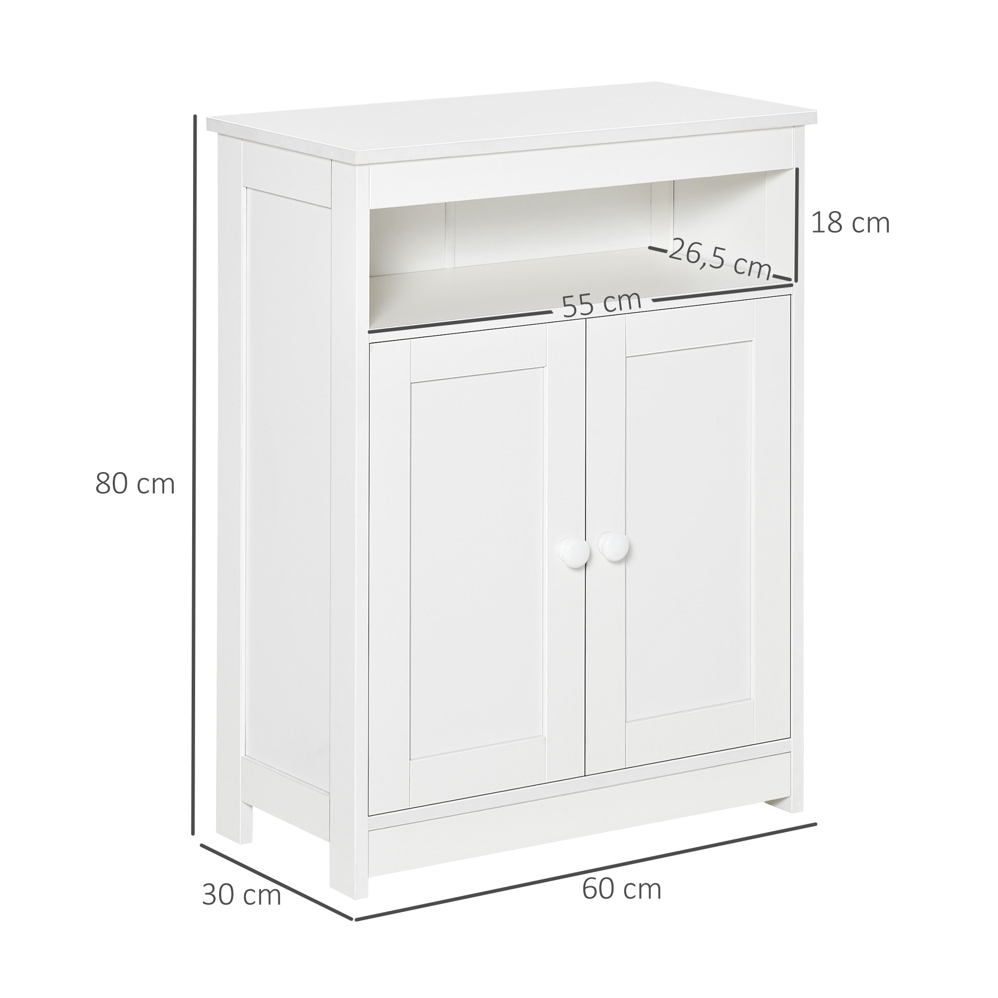 HOMCOM Armario de Suelo para Baño con 2 Puertas Estante Interior Ajustable y Compartimento Abierto Mueble Auxiliar de Almacenaje para Salón Cocina 60x30x80 cm Blanco