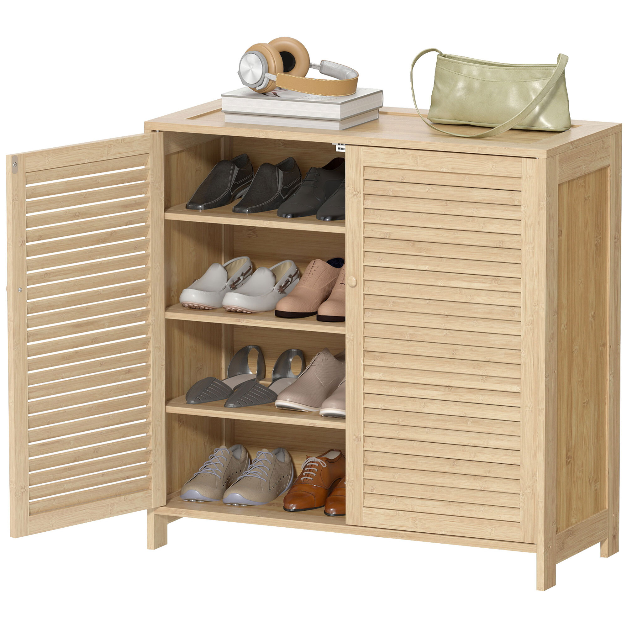Meuble à chaussures 2 portes persiennes 3 étagères réglables bambou
