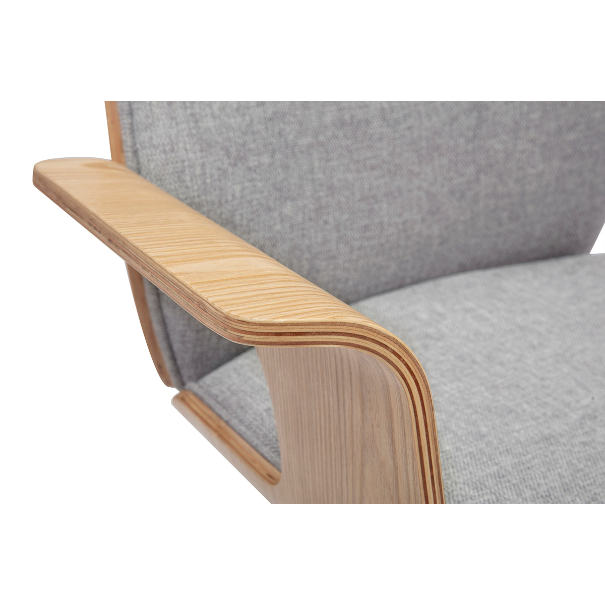 Chaise de bureau à roulettes design en tissu effet velours texturé gris, bois clair et acier chromé RUFIN