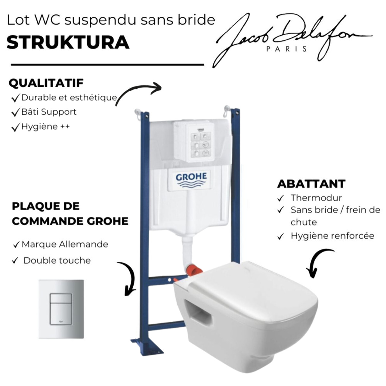 WC suspendu sans bride Jacob Delafon Struktura + abattant + Bâti support + Even Plaque de commande WC carré chromé