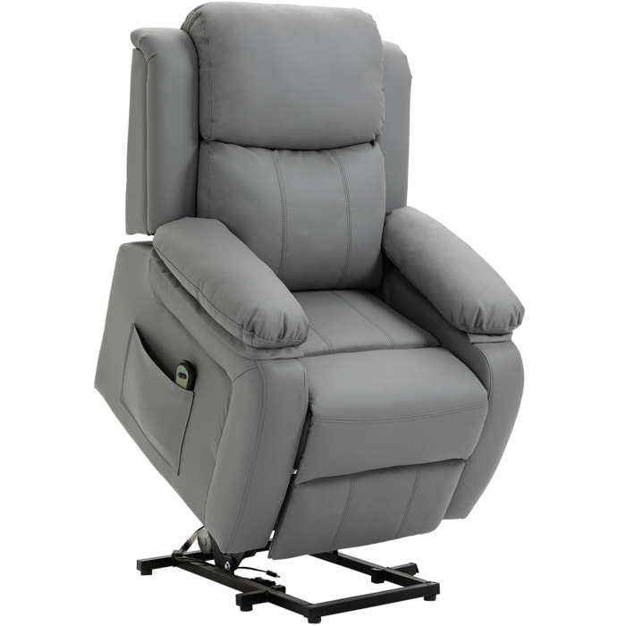 Sillón Relax Levanta Personas Auto-Ayuda con Control Remoto Reclinación Eléctrica 160° Reposapiés Respaldo Tapizado en PU y Bolsillos Laterales 76x90x105 cm Gris