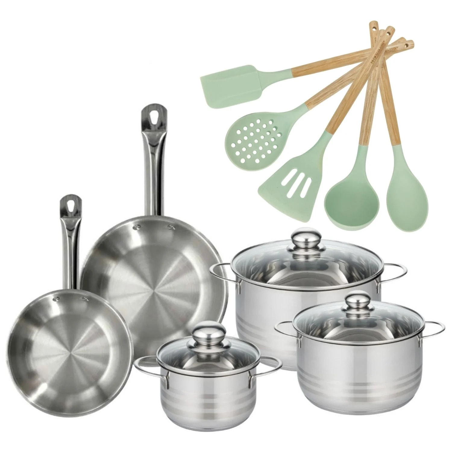 Lot 2 Poêles et 3 Faitouts 16/20/24cm Fackelmann Etherna avec 5 ustensiles Océan