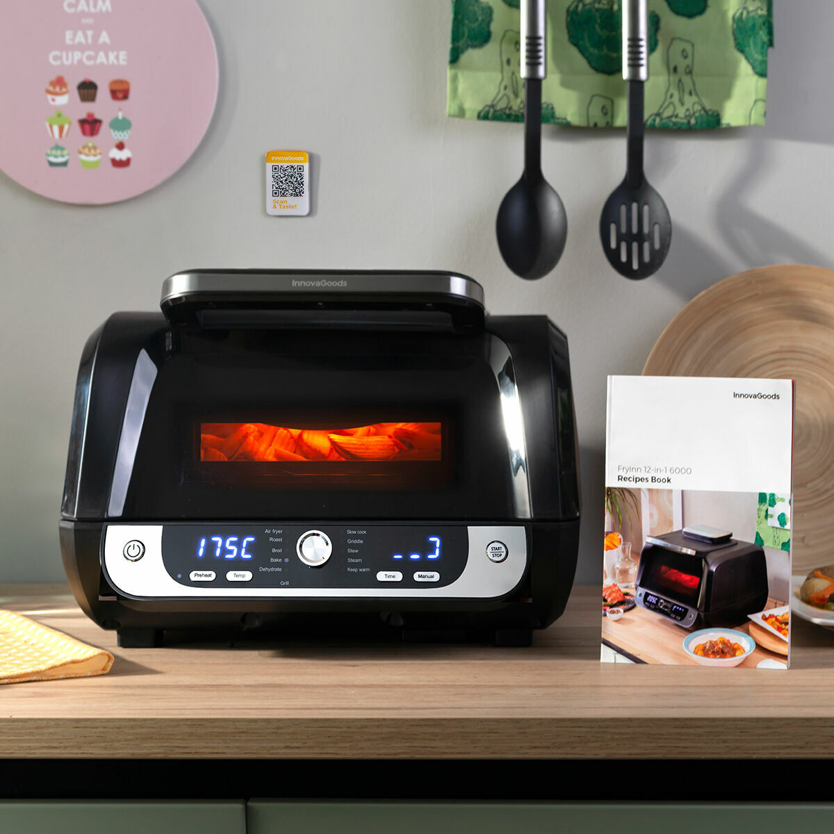 Friggitrice ad Aria con Grill, Accessori e Ricettario InnovaGoods Fryinn 12-in-1 6000 Nero Acciaio 3400 W 6 L