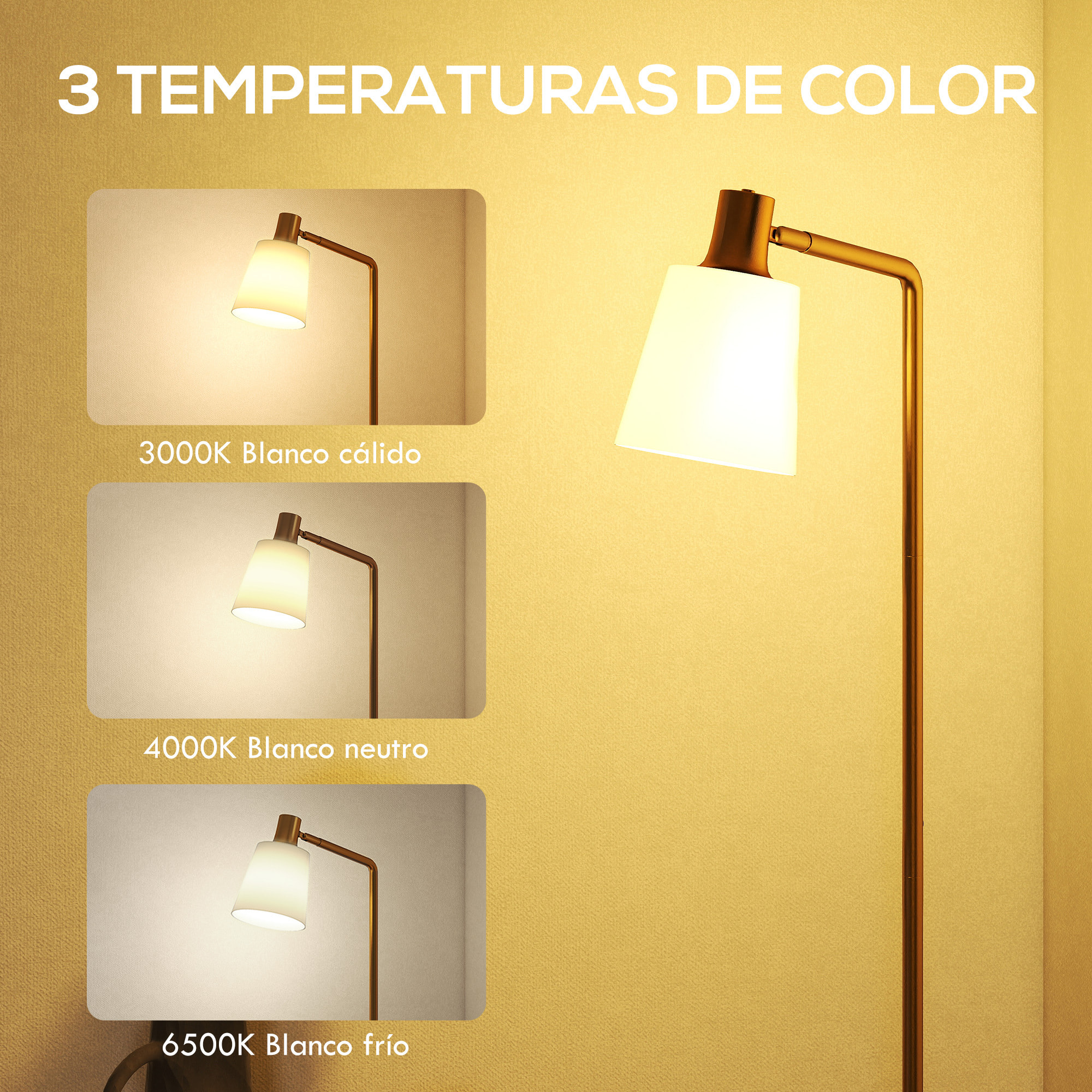 Lámpara de Pie LED Regulable, Lámpara de Pie Salón Moderna con Pantalla Giratoria 350°, 3 Temperaturas de Color 3000K/4000K/6500K y Bombilla E27, para Dormitorio, Oficina, Blanco y Dorado