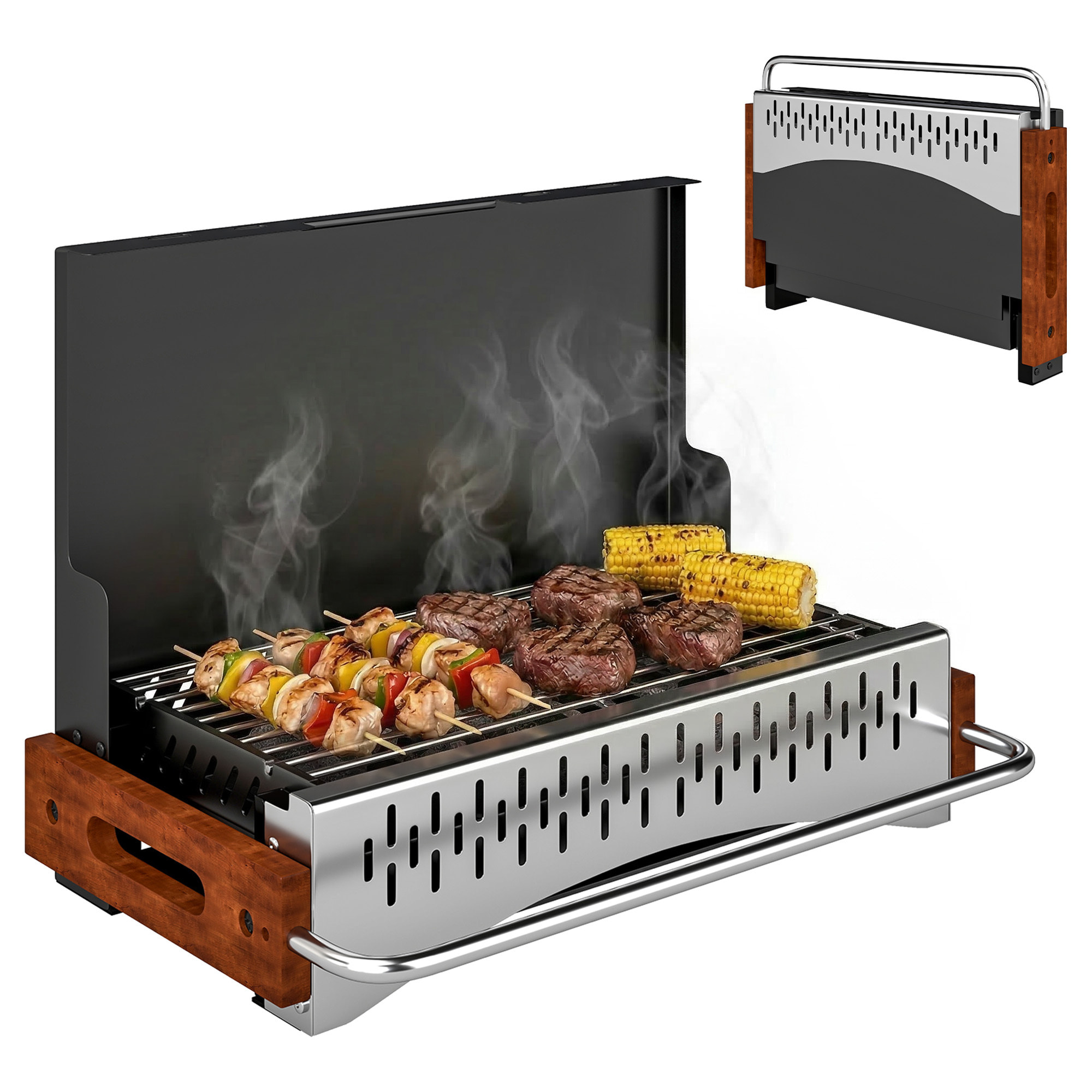 Barbacoa de Carbón Plegable, Barbacoa Portátil, 50,5x34x33 cm, con Bandeja de Carbón Extraíble, para Camping, Picnic, Fiesta en Jardín, Negro