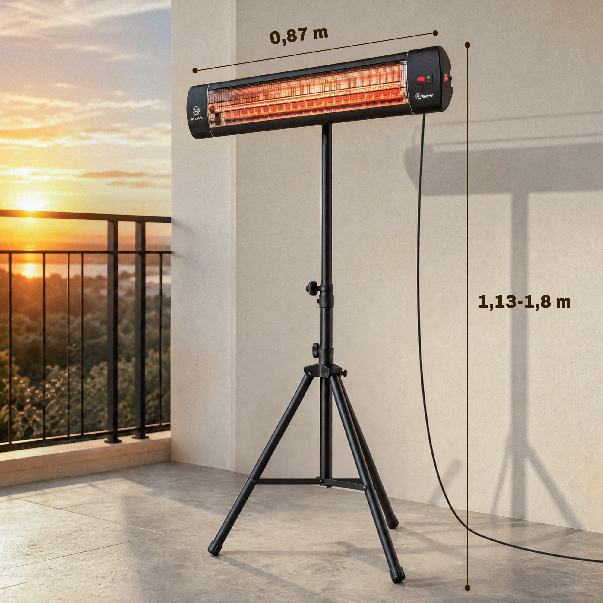 Calefactor por Infrarrojos para Terraza 2500 W, Estufa Exterior Eléctrica de Pie de Aluminio con IP65, Trípode Regulable, 3 Niveles de Calor, Control Táctil/Remoto, Temporizador 24 H