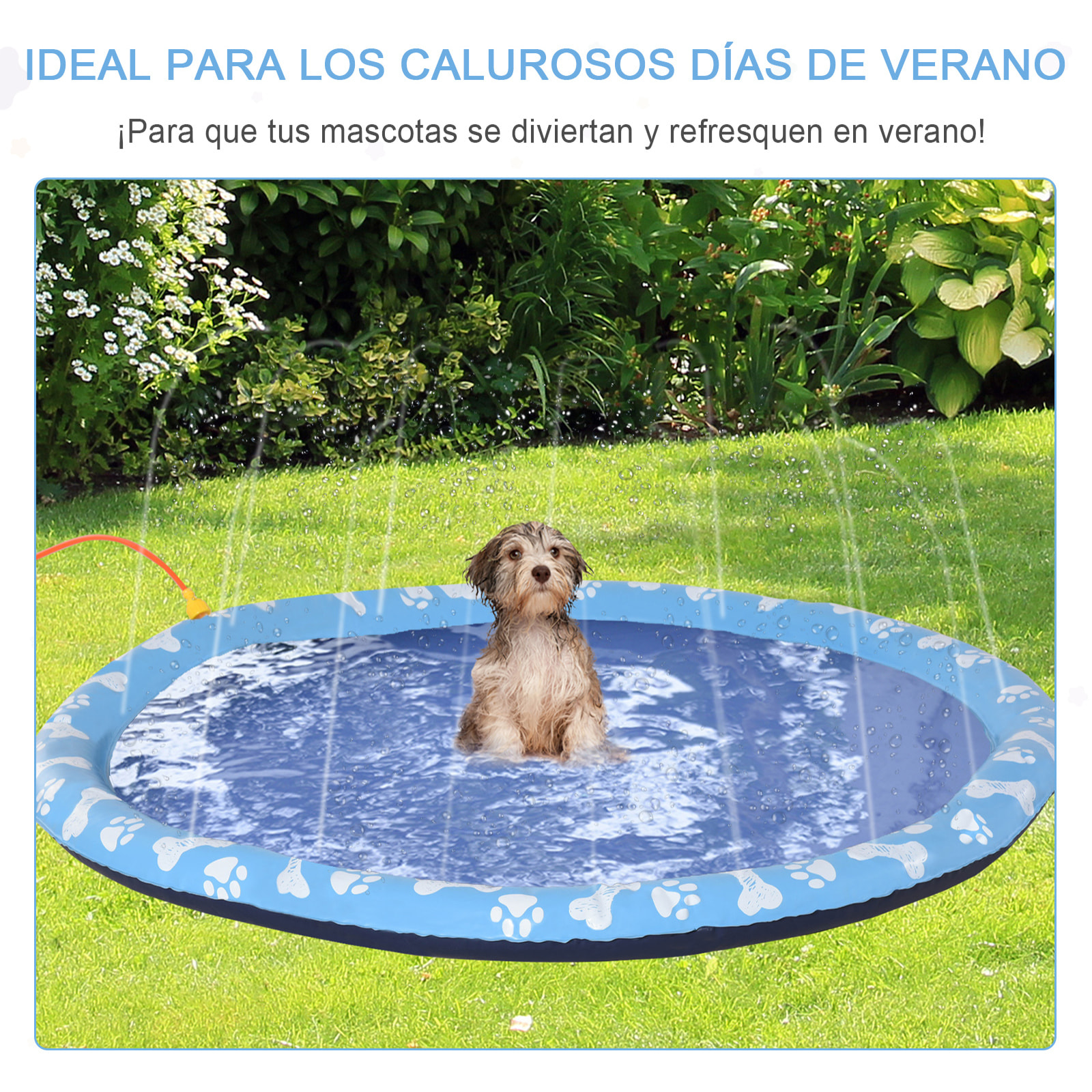 Splash Pad Aspersor de Juegos de Agua 150cm para Mascotas Jardín Patio Azul