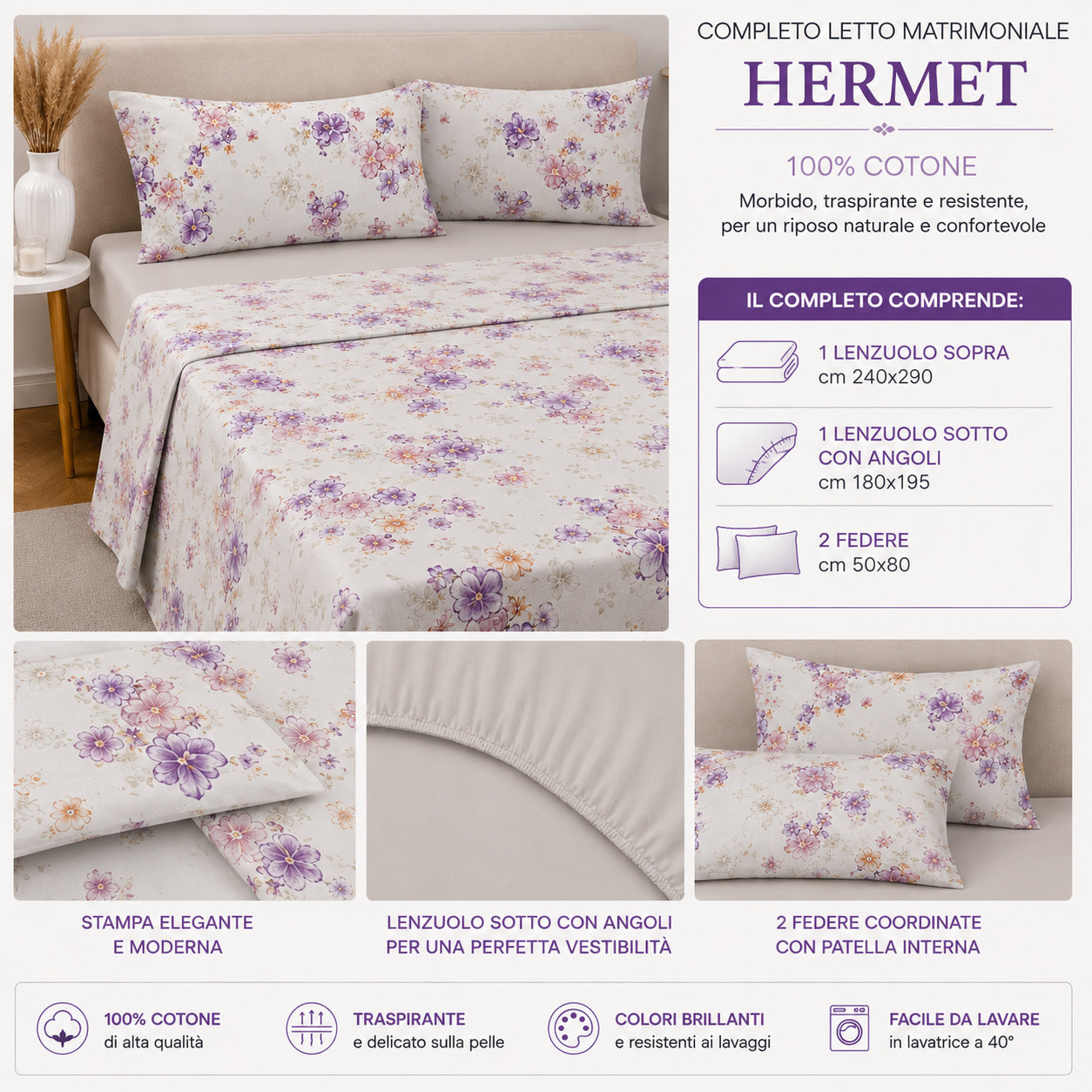 HERMET Completo Letto Matrimoniale Ginevra Avorio 100% Cotone 240x290 cm