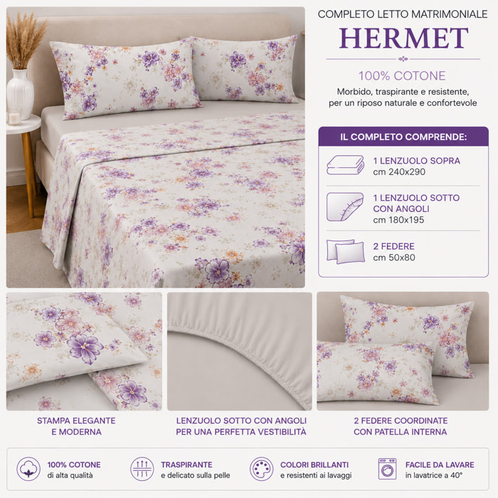 HERMET Completo Letto Matrimoniale Ginevra Avorio 100% Cotone 240x290 cm