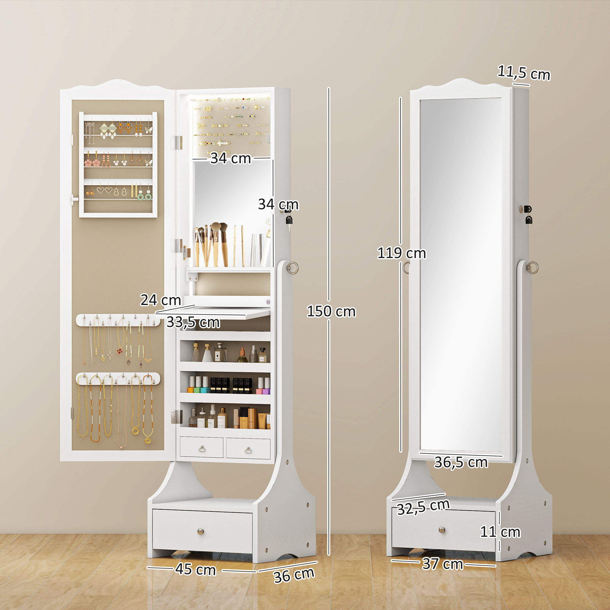 Espejo Joyero con Luces LED, Armario para Joyas, Armario Joyero con Espejo Entero de Ángulo Ajustable, Cajones, Mesa Interior Plegable, Cerradura, Luces Apagado Automático, Blanco y Forro Beige