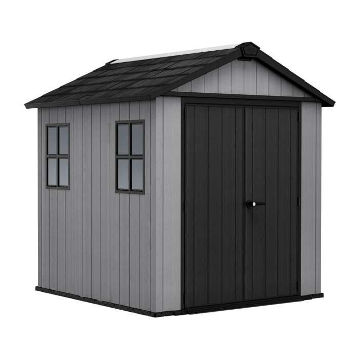 Newton + 757/775 - Casetta da Giardino 223x246x230 cm 2 Ante per deposito attrezzi finitura effetto legno Evotech+ in Resina Grigio e Nero