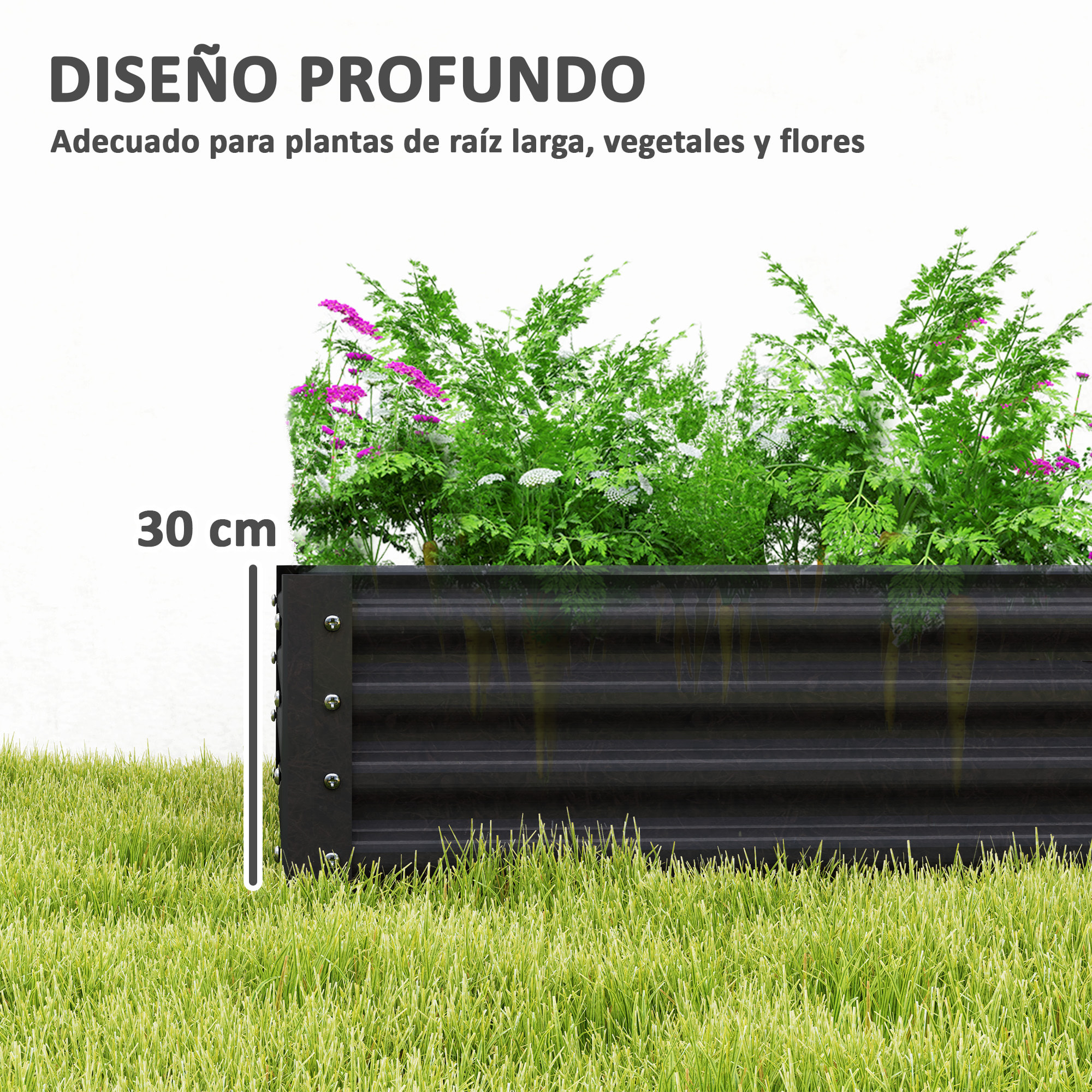Jardinera Elevada de Acero Galvanizado Huerto Urbano para Cultivar Plantas Flores Hierba Macetero Grande Exterior Rectangular con Fondo Abierto 180x90x30 cm Gris Oscuro